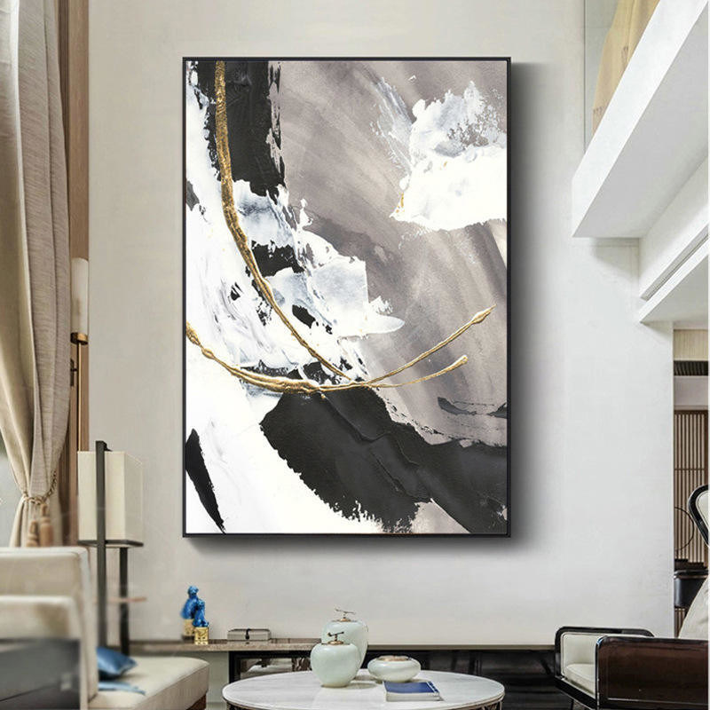 Canvas Support 100% Hand Made Nordic Black White Gray Custom Hand Painted Abstract Oil Painting for Living Room Decoration